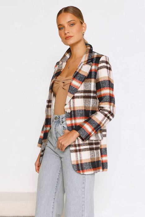 Autumn Winter Woolen Plaid Blazer Single Breasted Mid Length Top