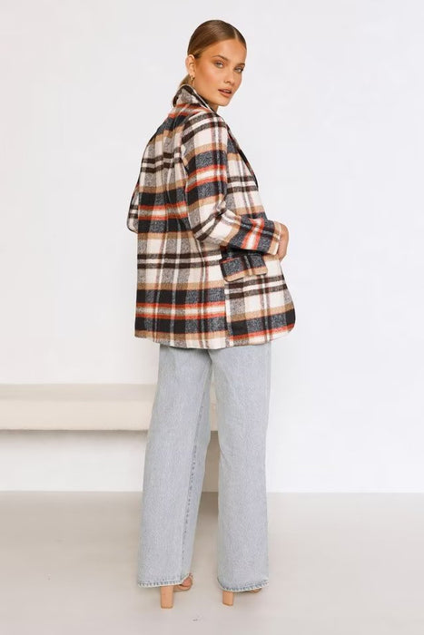 Autumn Winter Woolen Plaid Blazer Single Breasted Mid Length Top