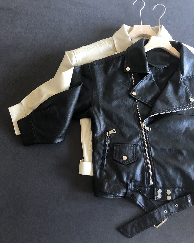 Spring Autumn Leather Jacket Loose Version Belt Collared Women Faux Leather Coat Casual Western Coat