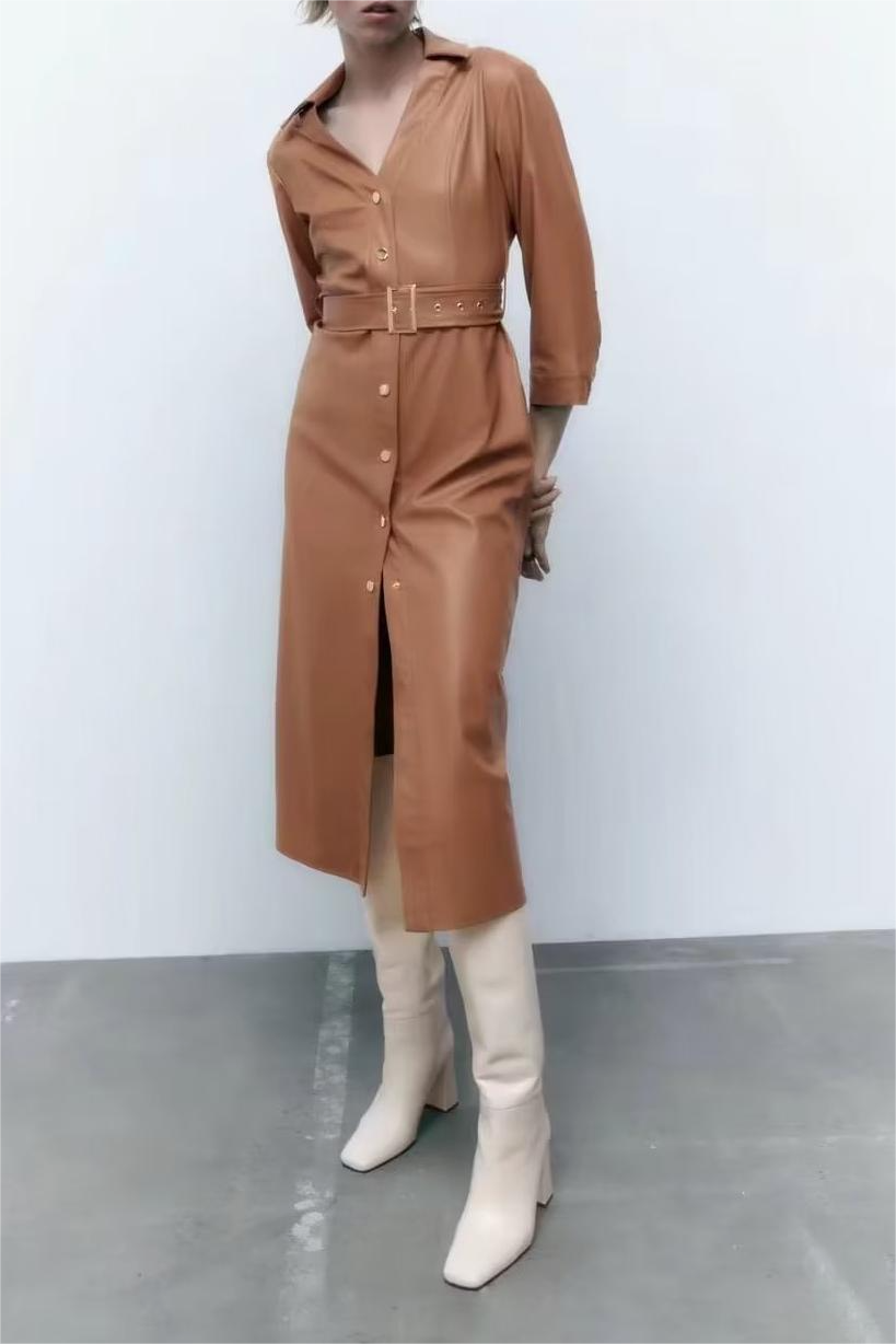 Fall Light Luxury Faux Leather Midi Dress Elegant Women Dress Polo Collar