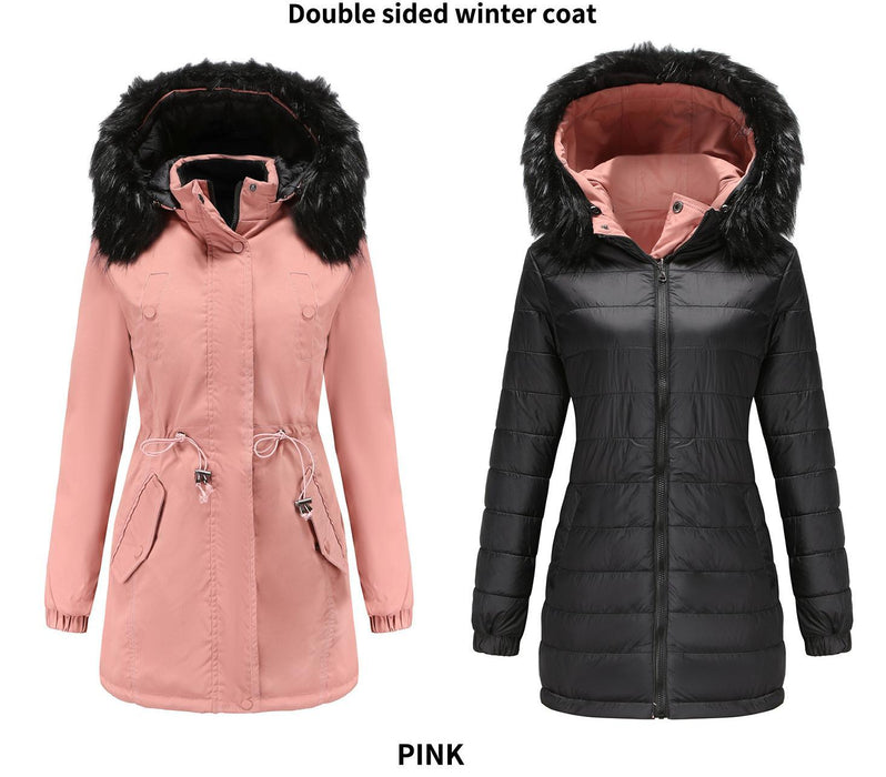 Women Cotton Padded Coat Double Sided Wear Detachable Fur Collar Detachable Hat Quilted Parka Women