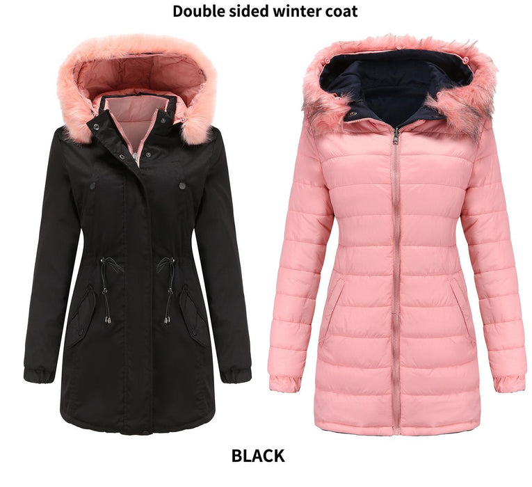 Women Cotton Padded Coat Double Sided Wear Detachable Fur Collar Detachable Hat Quilted Parka Women