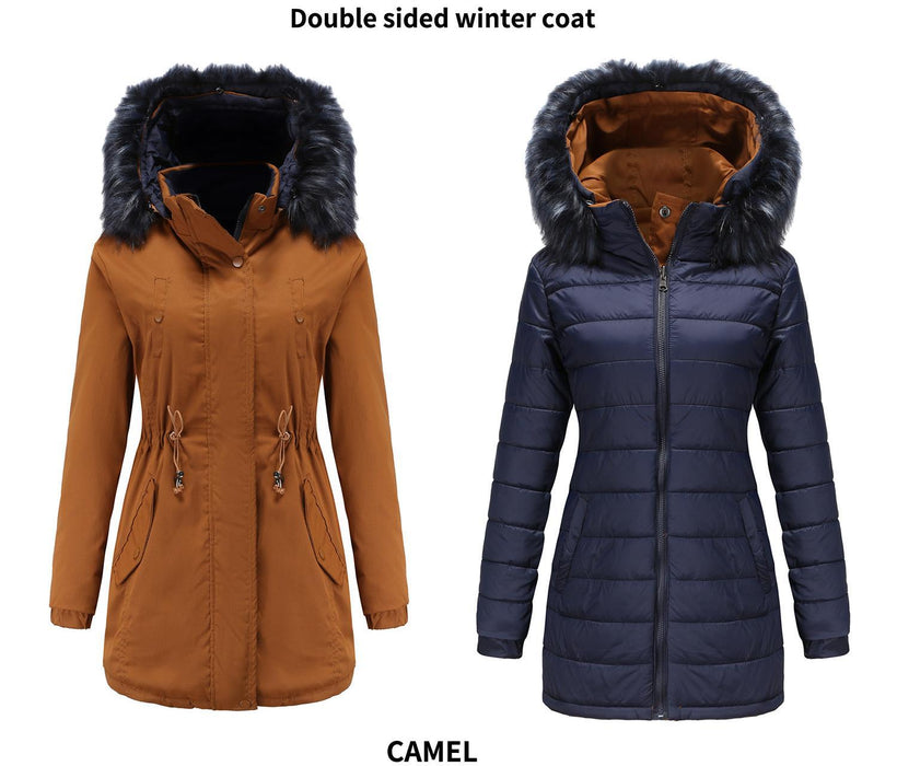 Women Cotton Padded Coat Double Sided Wear Detachable Fur Collar Detachable Hat Quilted Parka Women