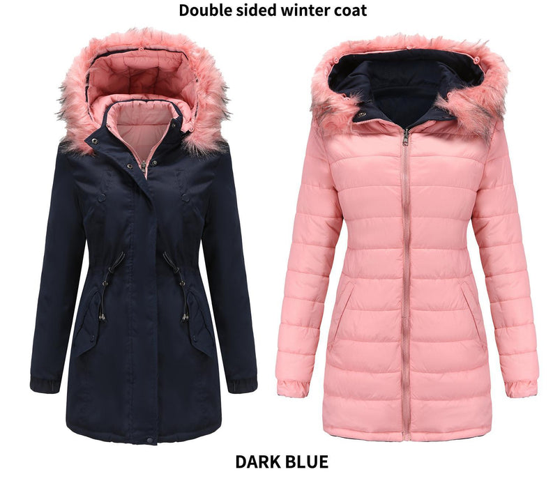 Women Cotton Padded Coat Double Sided Wear Detachable Fur Collar Detachable Hat Quilted Parka Women