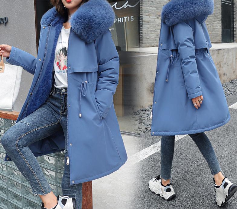 Winter Women Cotton Padded Clothing Mid Length Big Fur Collar Fleece-Lined Cotton Padded Jacket down Padded Jacket Cotton Padded Coat