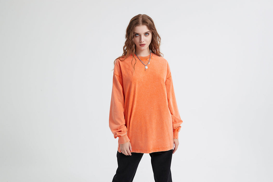 Wax Dye Long Sleeved T Autumn Winter Solid Color Washed Sweatshirt