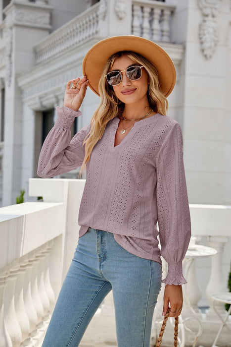 Solid Color Hollow Out Pleated Ruffle Sleeve V neck Loose Long Sleeve Top