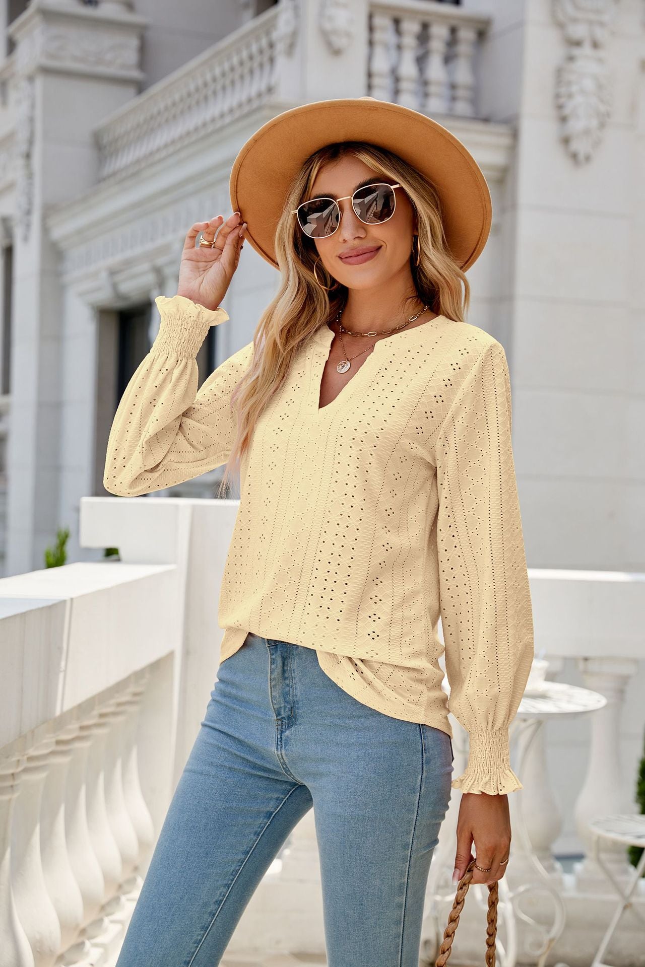 Solid Color Hollow Out Pleated Ruffle Sleeve V neck Loose Long Sleeve Top