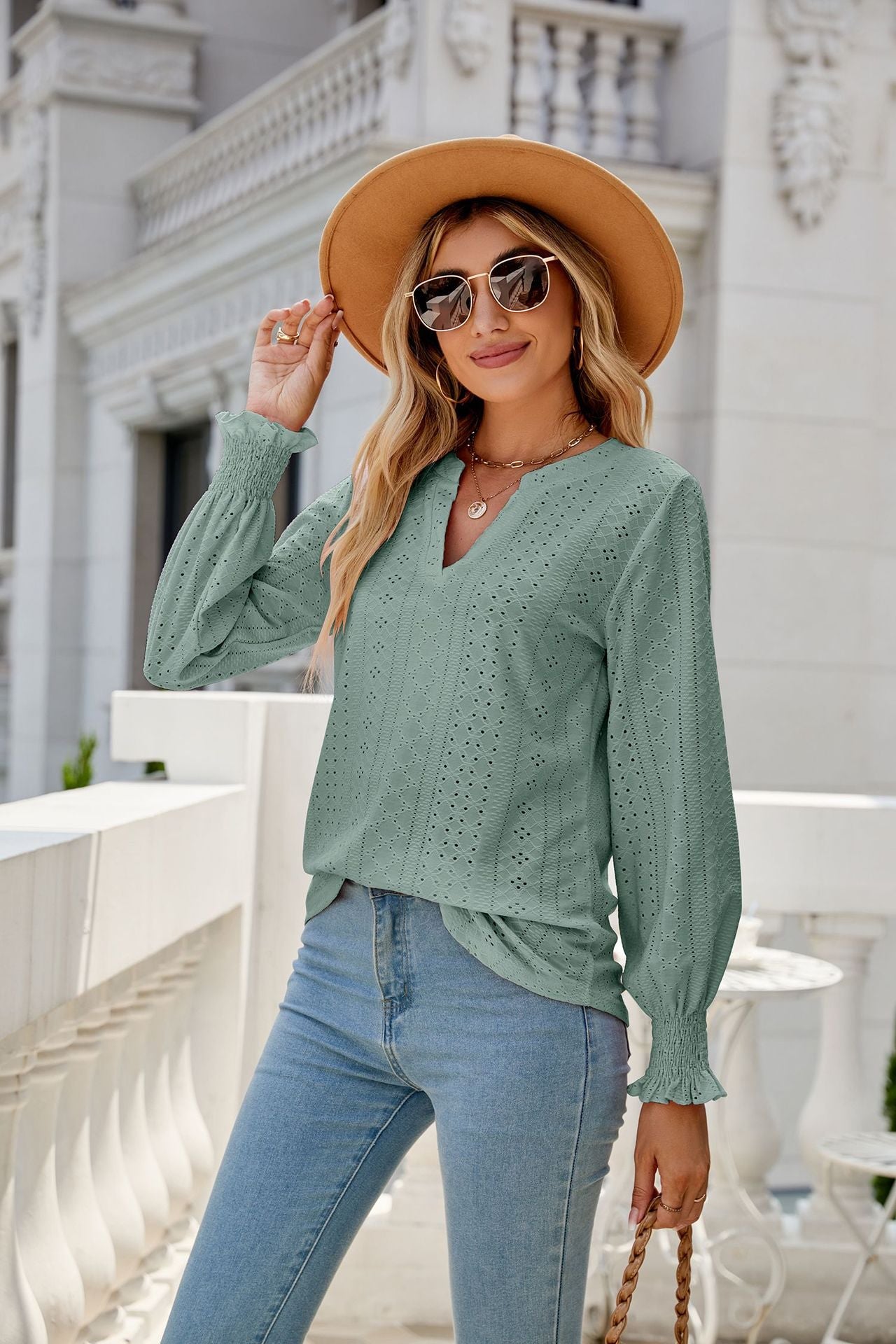 Solid Color Hollow Out Pleated Ruffle Sleeve V neck Loose Long Sleeve Top