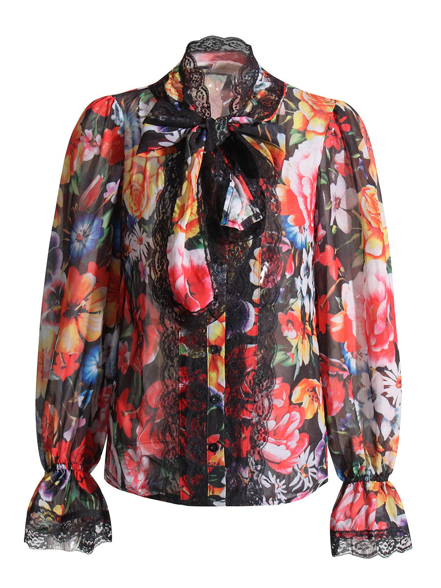 Elegant Vacation Printed Shirt Autumn Lace Bow Bell Sleeve Loose Top
