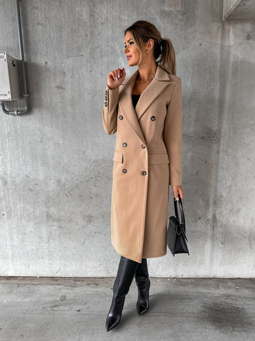 Autumn And Winter Simple Long Sleeve Double Row Button Woolen Coat Women