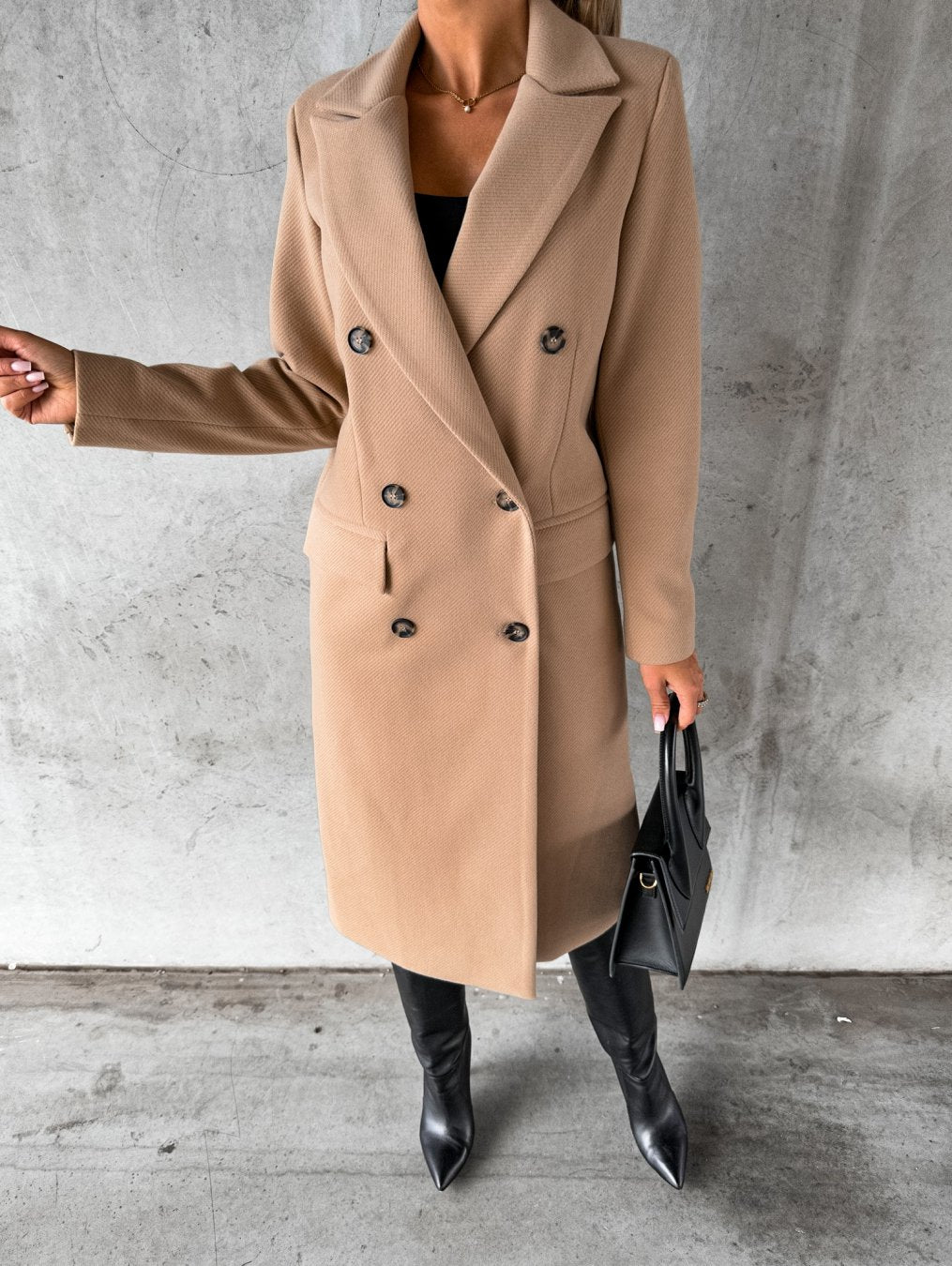 Autumn And Winter Simple Long Sleeve Double Row Button Woolen Coat Women