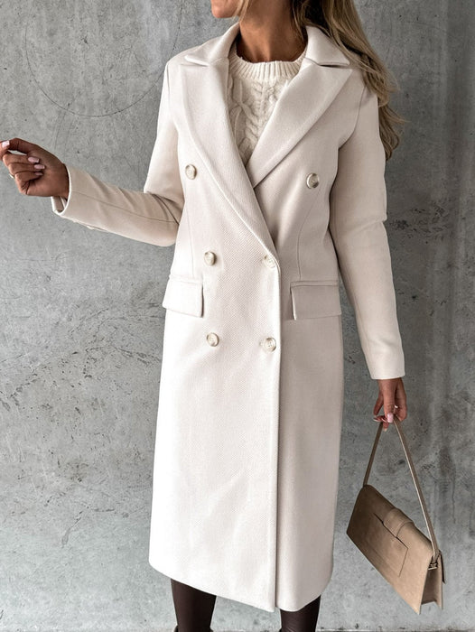 Autumn And Winter Simple Long Sleeve Double Row Button Woolen Coat Women