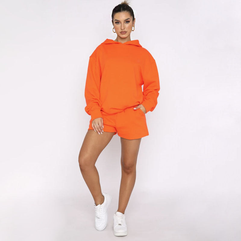 Autumn Winter Solid Color Pullover Hooded Long Sleeves Sweaters Women Clothing Casual Shorts Suit