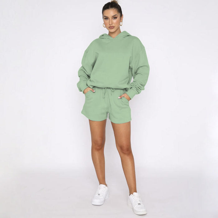 Autumn Winter Solid Color Pullover Hooded Long Sleeves Sweaters Women Clothing Casual Shorts Suit