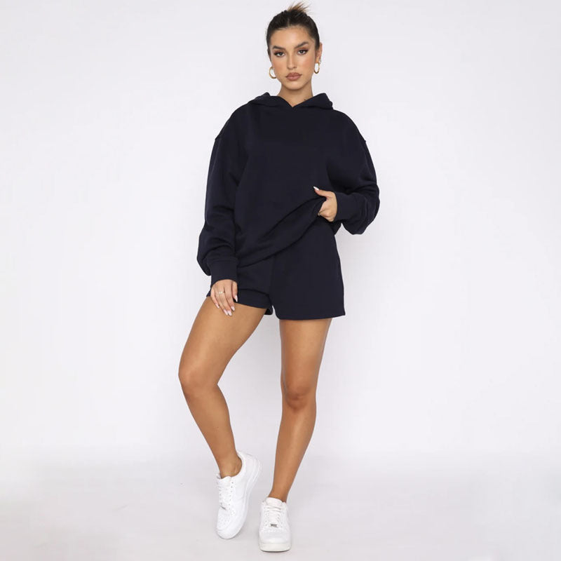 Autumn Winter Solid Color Pullover Hooded Long Sleeves Sweaters Women Clothing Casual Shorts Suit