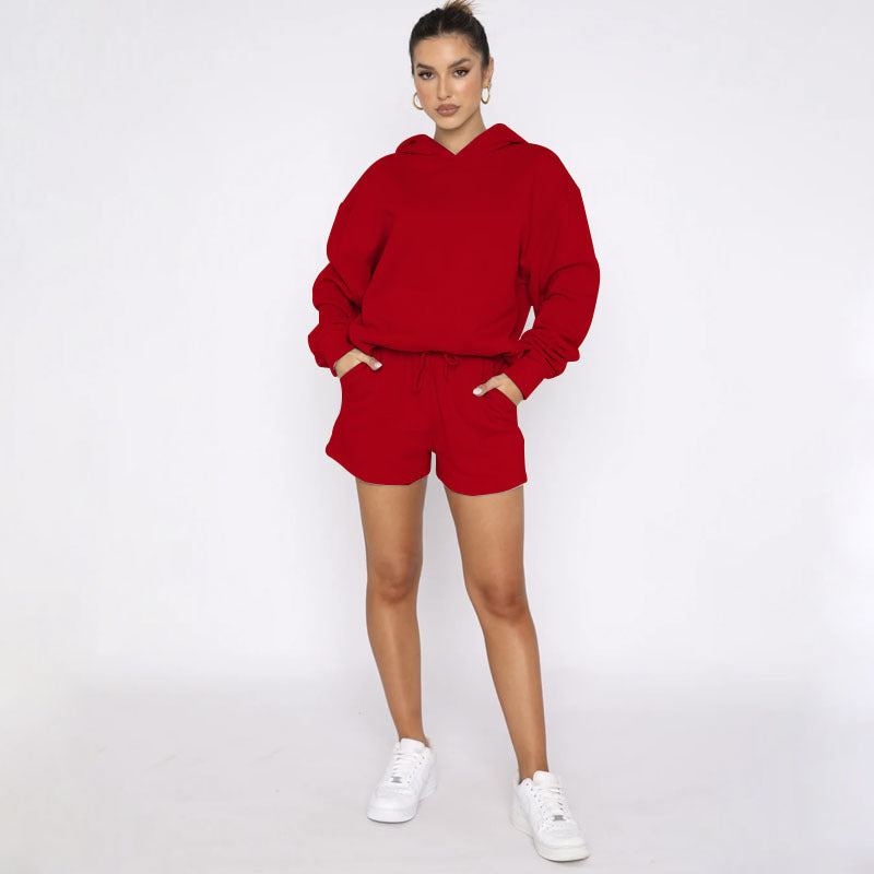 Autumn Winter Solid Color Pullover Hooded Long Sleeves Sweaters Women Clothing Casual Shorts Suit