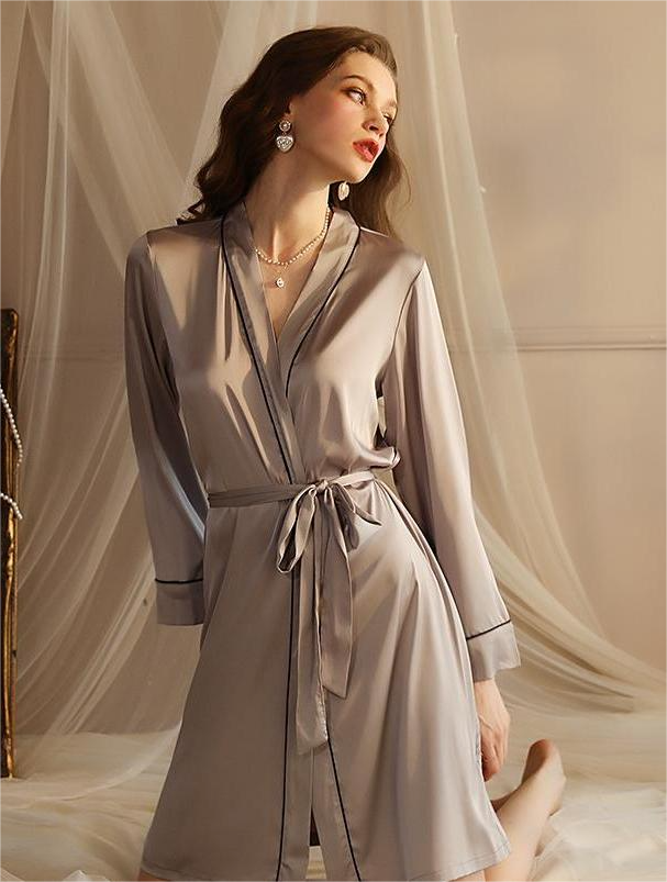 Secret Love Orange Spring Summer Women Imitated Silk Pajamas Sexy Cardigan Hotel Nightgown Bathrobe Home Wear