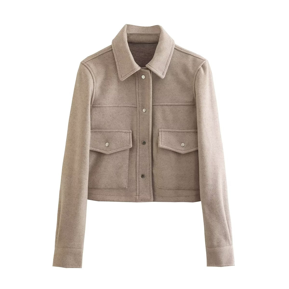 Autumn Winter Three Colors Soft Woolen Short Lapels Pocket Jacket Coat