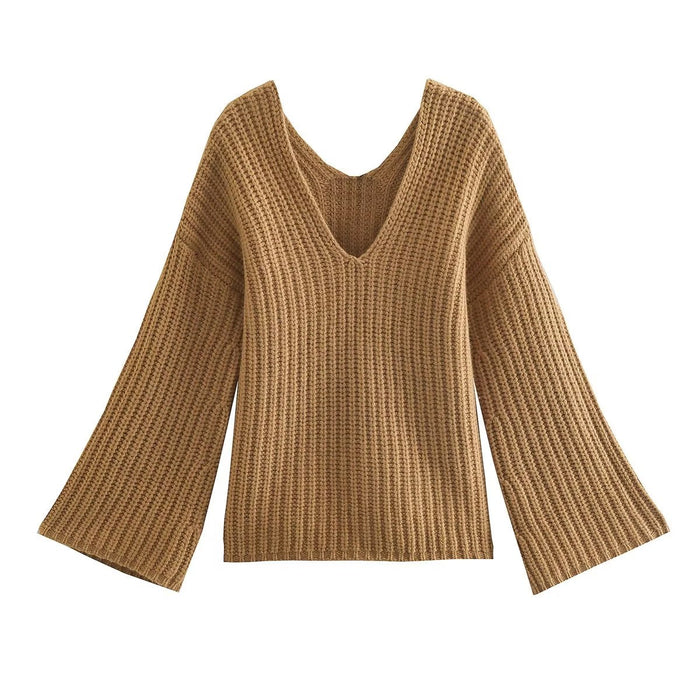 Winter Graceful V neck Wide Sleeve Khaki Pullover Sweater Women