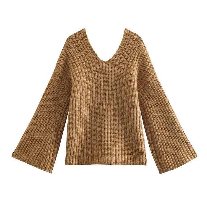 Winter Graceful V neck Wide Sleeve Khaki Pullover Sweater Women