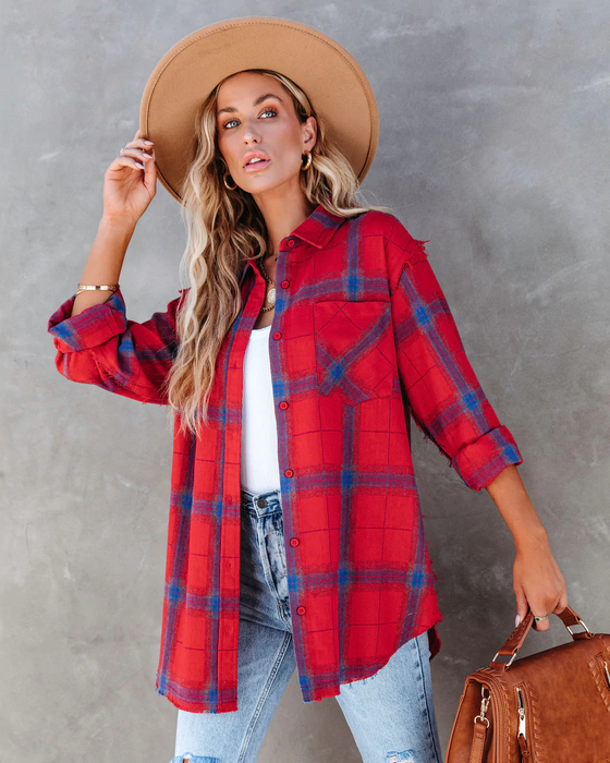 Women Summer Vacation New Large Plaid Long Sleeve Burr Shirt