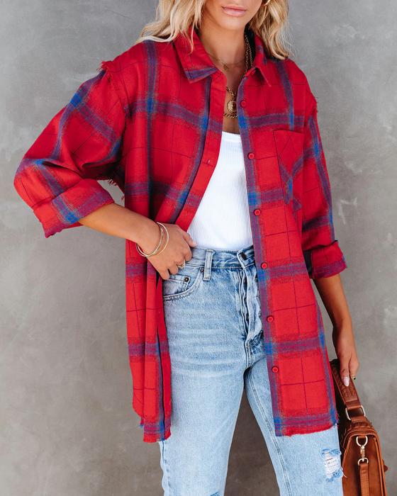 Women Summer Vacation New Large Plaid Long Sleeve Burr Shirt