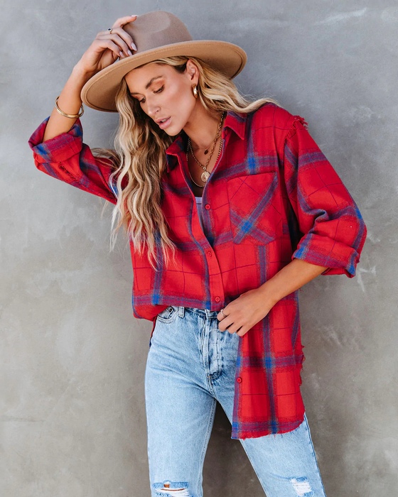 Women Summer Vacation New Large Plaid Long Sleeve Burr Shirt