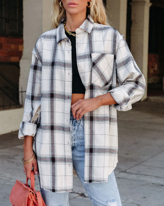 Women Summer Vacation New Large Plaid Long Sleeve Burr Shirt