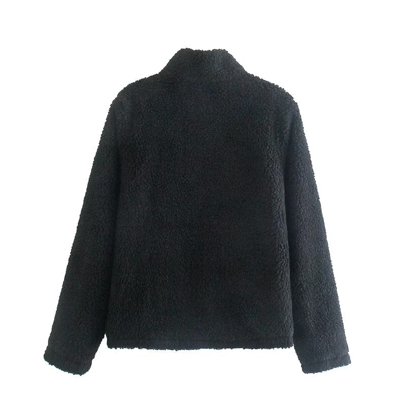 Autumn Winter Lamb Wool Coat Stand Collar Loose Solid Color Top