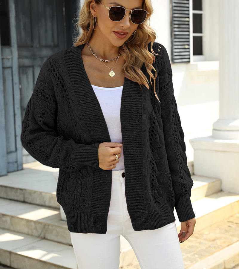 Autumn Winter Solid Color V neck Long Sleeve Knitwear Office Sweater Hollow Out Cardigan Women