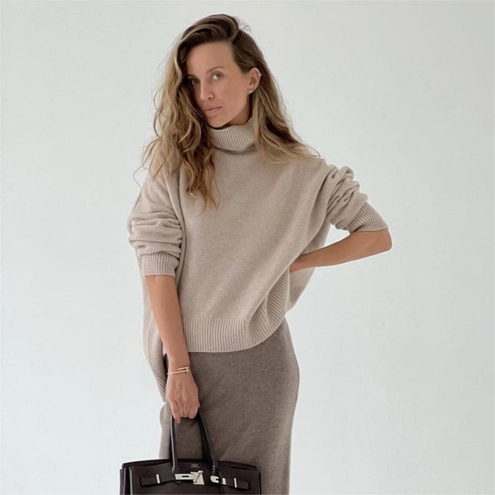 Autumn Winter Cocoon Shaped Turtleneck Front Short Back Long Loose Core