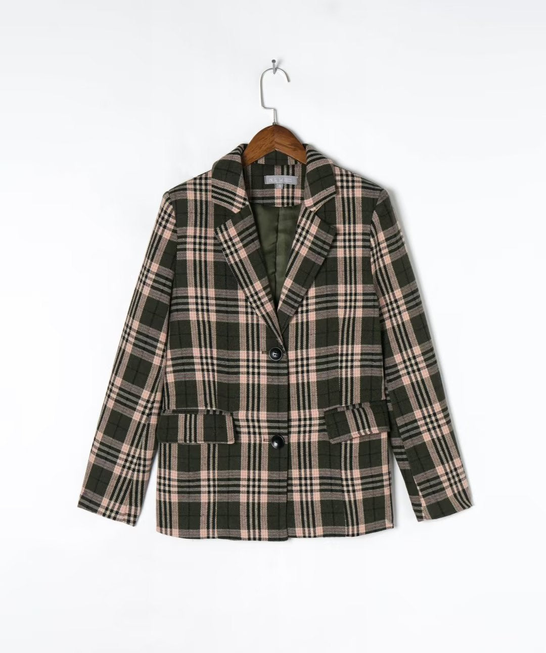 Fall Olive Green Plaid Padded Shoulder Collared Loose Blazer Elegant Casual Plaid Top
