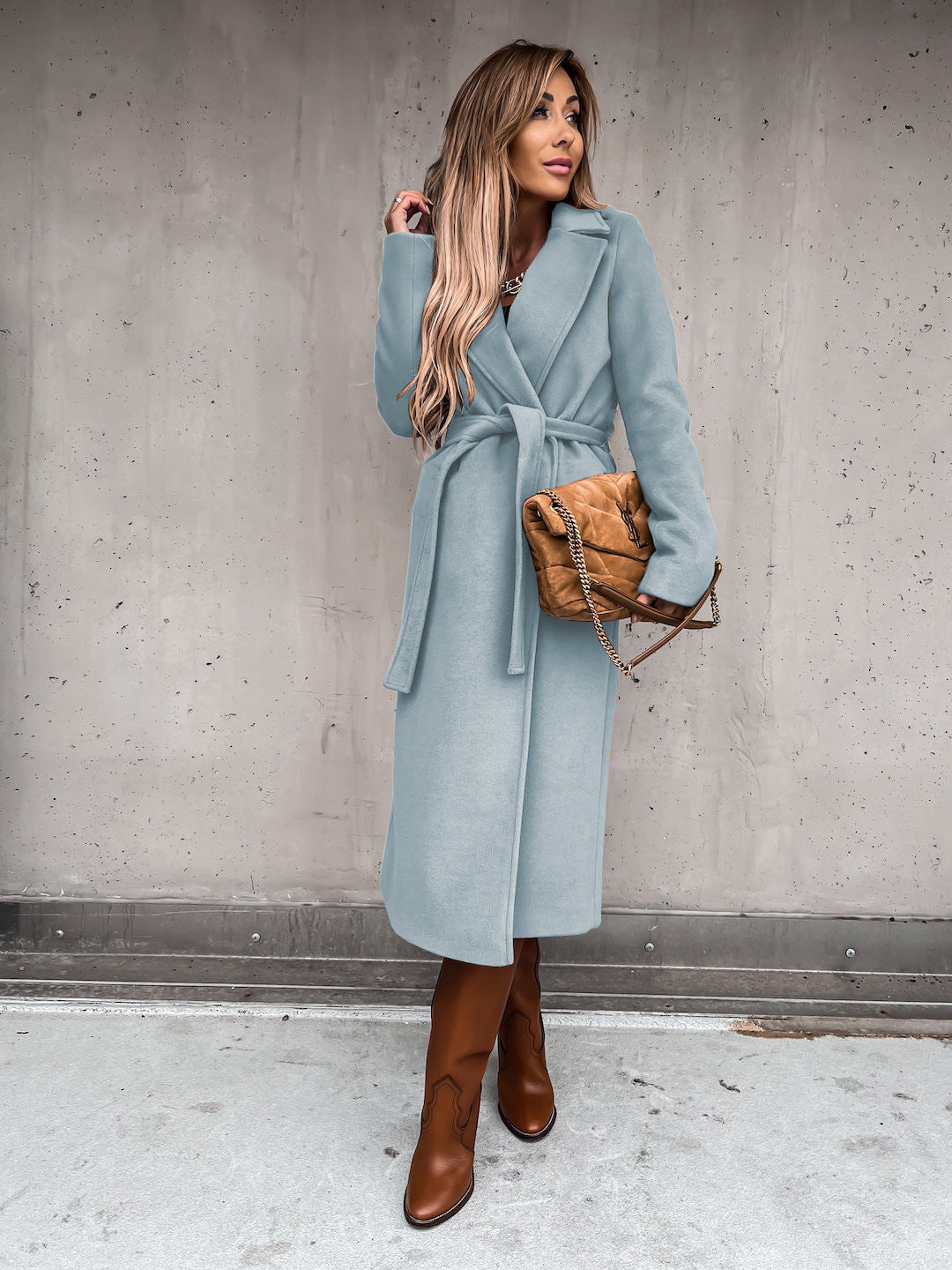 Autumn Winter Women Clothing Solid Color Polo Collar Long Sleeved Woolen Coat Simple Lace up Trench Coat