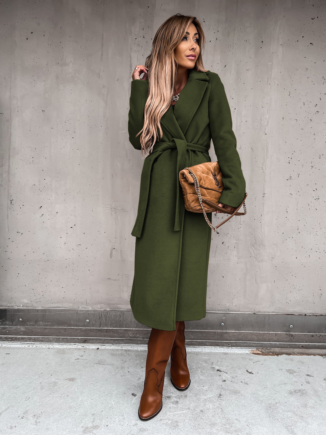 Autumn Winter Women Clothing Solid Color Polo Collar Long Sleeved Woolen Coat Simple Lace up Trench Coat