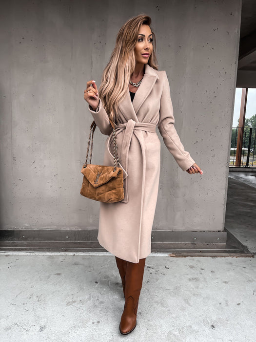 Autumn Winter Women Clothing Solid Color Polo Collar Long Sleeved Woolen Coat Simple Lace up Trench Coat