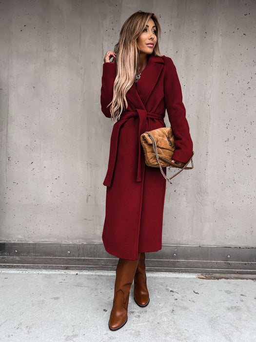 Autumn Winter Women Clothing Solid Color Polo Collar Long Sleeved Woolen Coat Simple Lace up Trench Coat