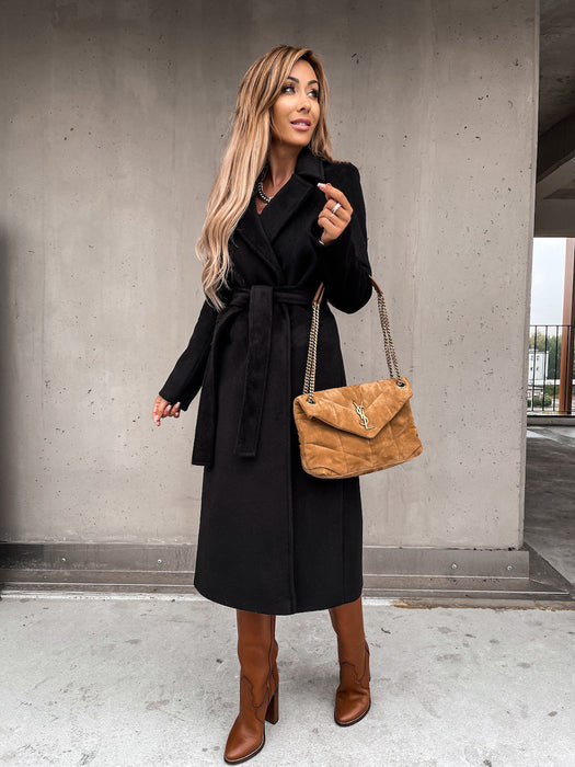 Autumn Winter Women Clothing Solid Color Polo Collar Long Sleeved Woolen Coat Simple Lace up Trench Coat