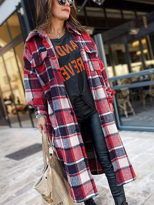 Autumn Winter Long Trench Coat Side Slit Collared Slim Women Woolen Plaid Coat