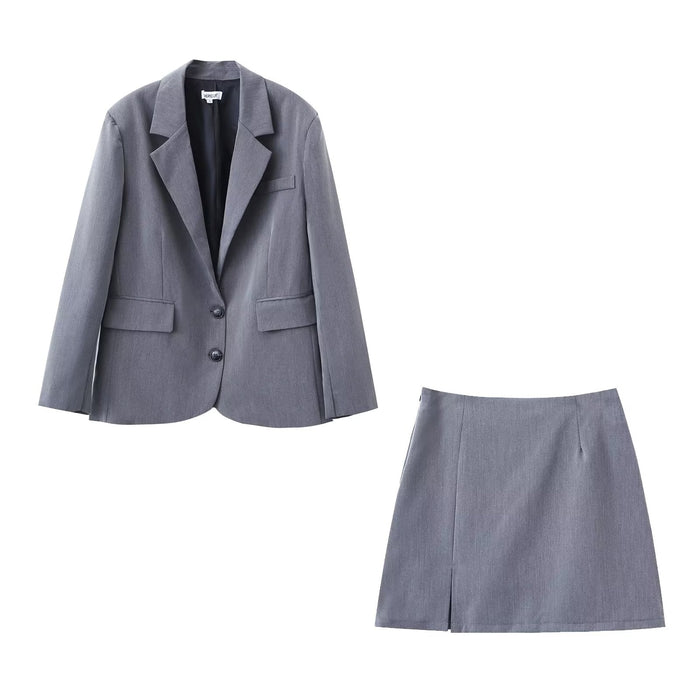 Retro Gray Set Women Autumn Street Lined Two Piece Set Dress