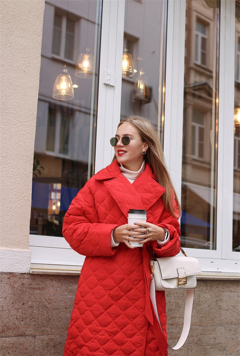 Warm Keeping Cotton Clothing Cotton Padded Coat for Winter Women  Rhombus Cotton-Padded Jacket Waist Tight Long Cut Coat Plus Size Coat for Women