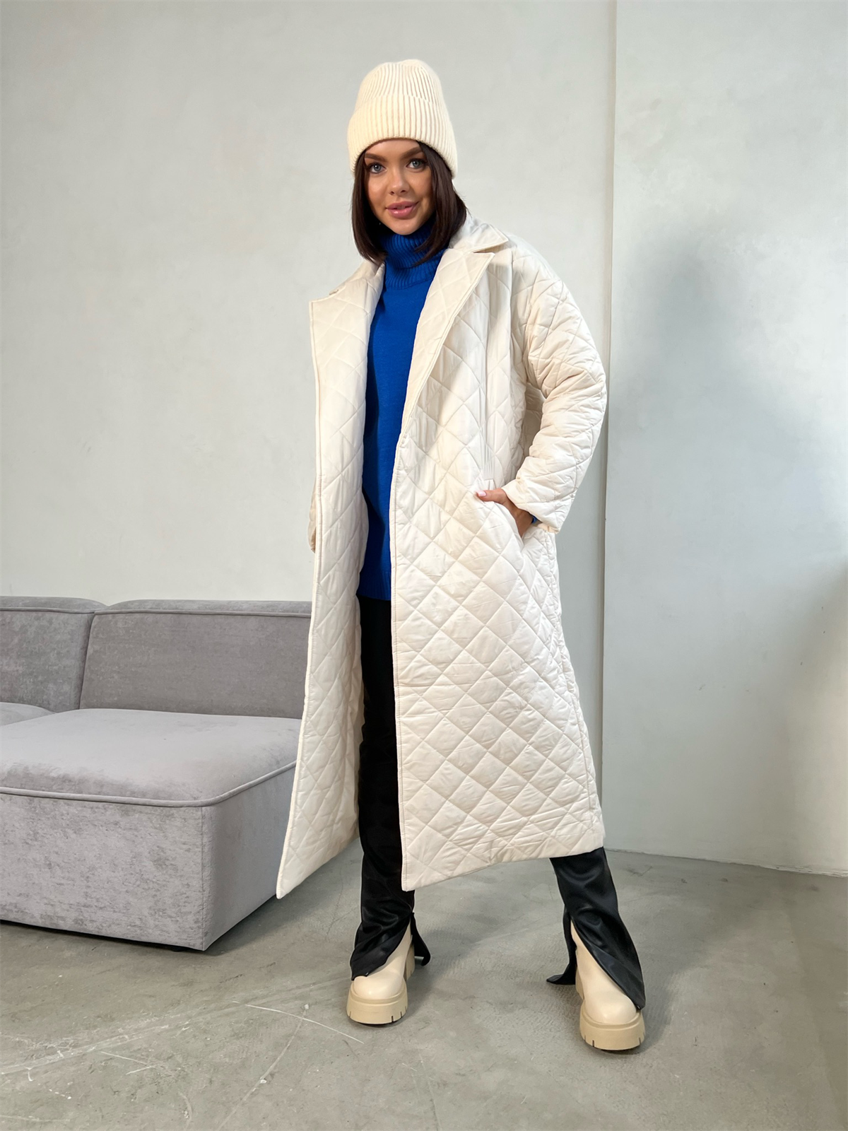 Warm Keeping Cotton Clothing Cotton Padded Coat for Winter Women  Rhombus Cotton-Padded Jacket Waist Tight Long Cut Coat Plus Size Coat for Women