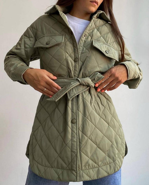 Long Breasted Collared Loose Warm Rhombus Cotton Padded Coat Autumn Winter Wild Thickened Cotton Padded Coat for Women