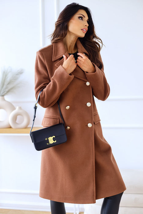 Autumn Winter Simplicity Long Sleeve Collared Double Breasted Woolen Coat Women Clothing