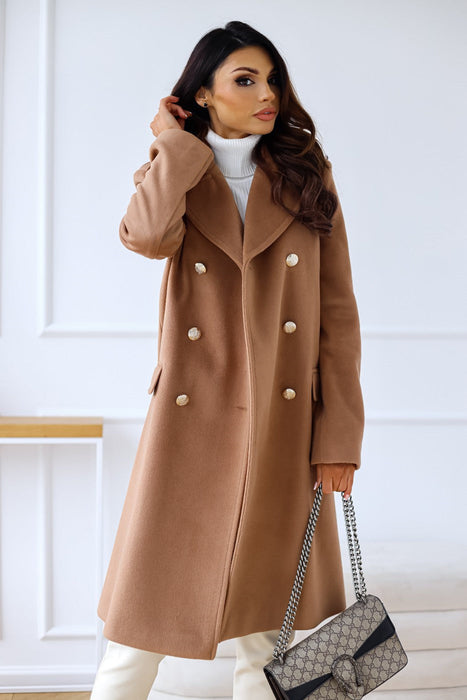 Autumn Winter Simplicity Long Sleeve Collared Double Breasted Woolen Coat Women Clothing