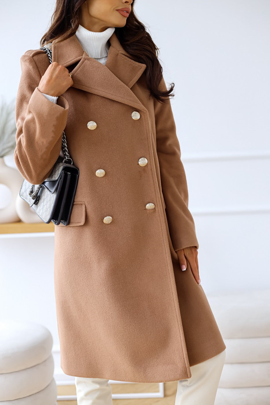 Autumn Winter Simplicity Long Sleeve Collared Double Breasted Woolen Coat Women Clothing