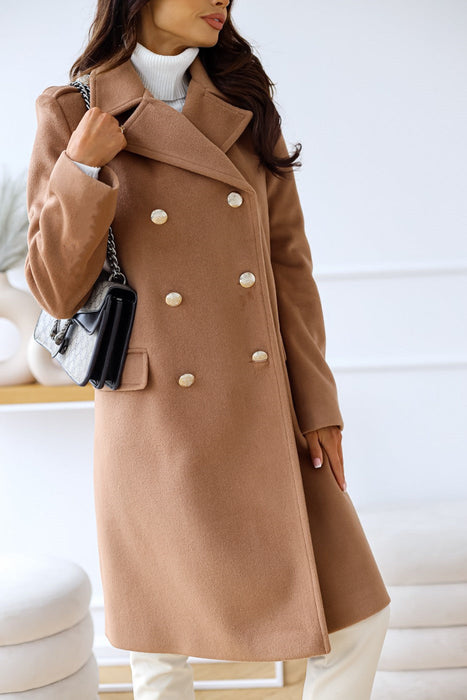 Autumn Winter Simplicity Long Sleeve Collared Double Breasted Woolen Coat Women Clothing