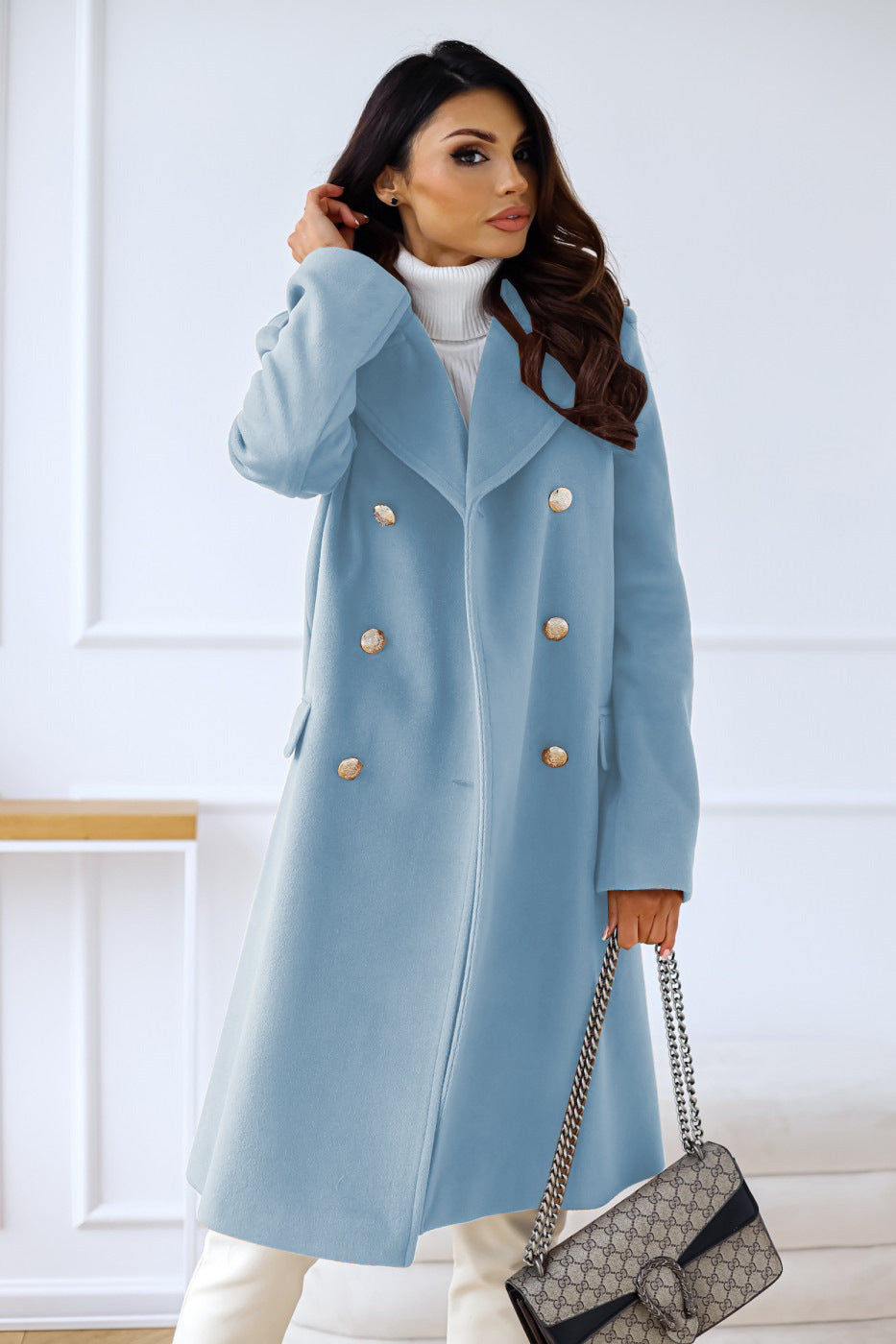 Autumn Winter Simplicity Long Sleeve Collared Double Breasted Woolen Coat Women Clothing