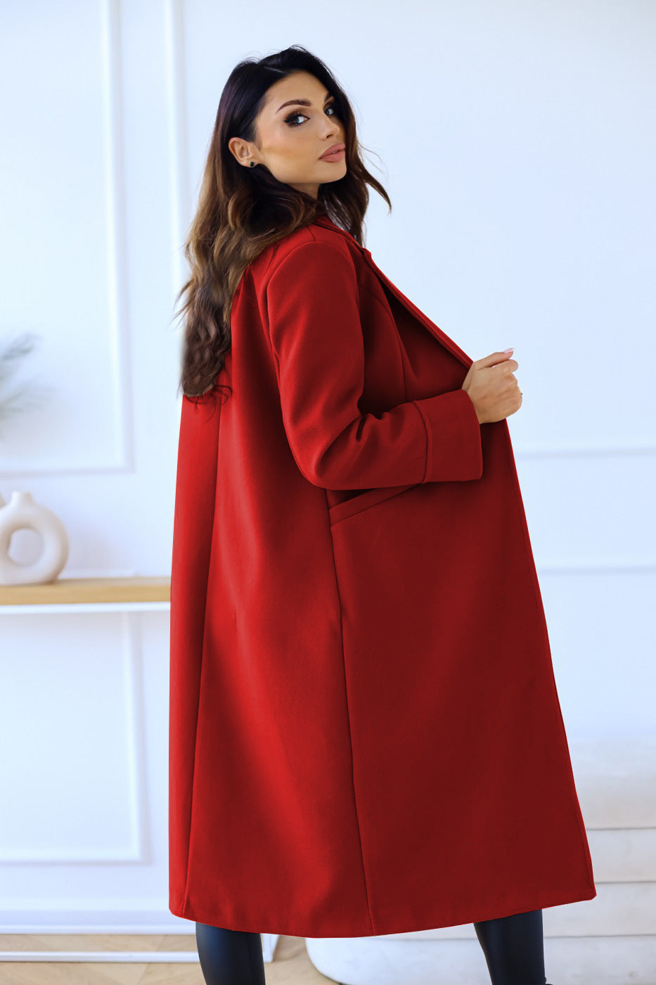 Autumn Winter Women Clothing Simple Solid Color Double Breasted Long Sleeve Collared Button Woolen Coat
