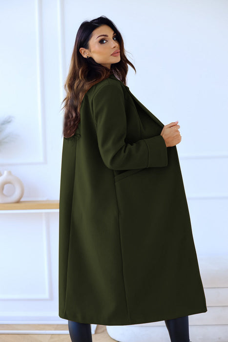 Autumn Winter Women Clothing Simple Solid Color Double Breasted Long Sleeve Collared Button Woolen Coat